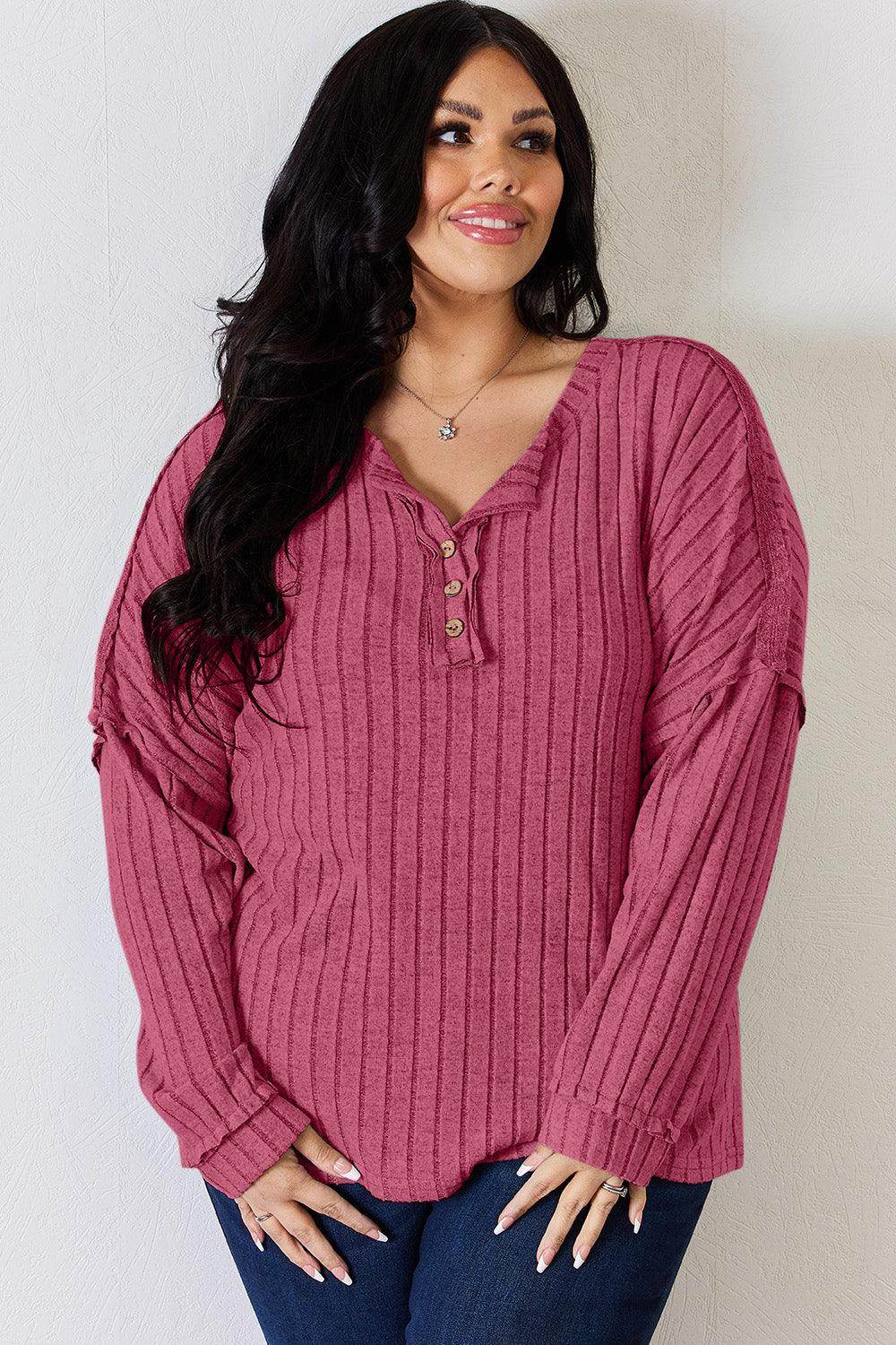Basic Bae Full Size Ribbed Half Button Long Sleeve T-Shirt - Selvanelle