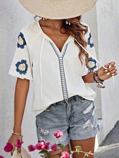 Embroidered Tie Neck Puff Sleeve Blouse for Women Stylish - Selvanelle