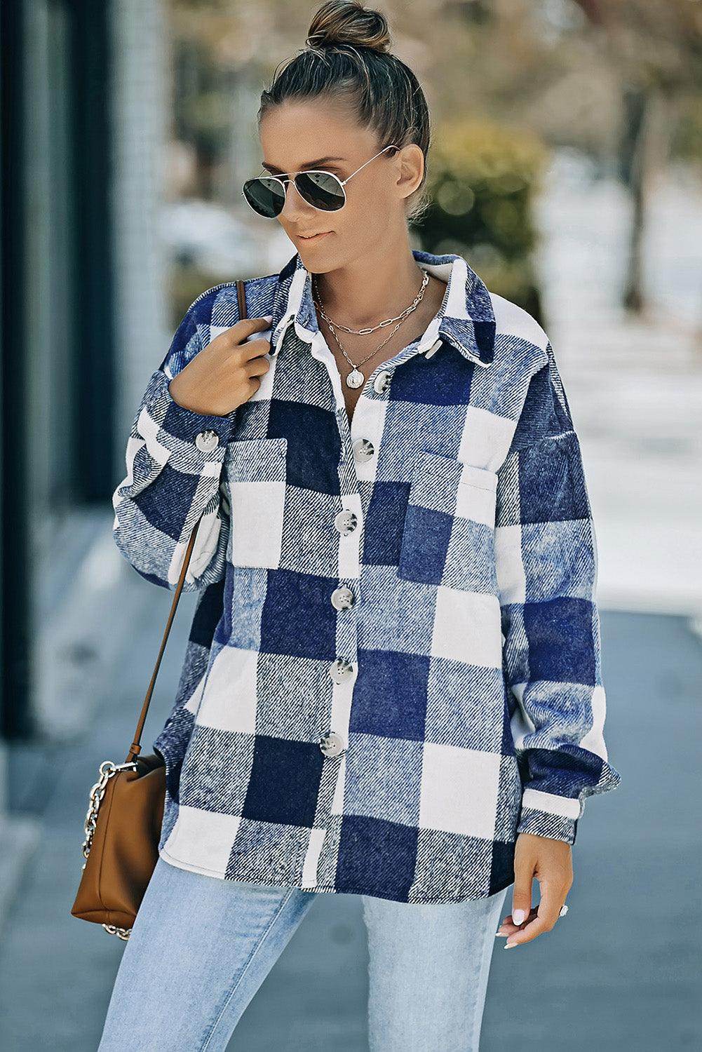 Plaid Button Up Dropped Shoulder Jacket for Women Stylish - Selvanelle