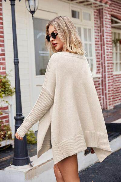 Slit V-Neck Dropped Shoulder Sweater for Effortless Style - Selvanelle