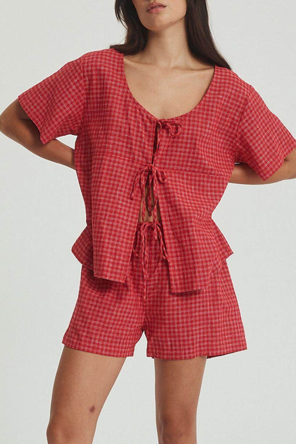 Plaid Tied Scoop Neck Short Sleeve Top and Drawstring Shorts Set - Selvanelle
