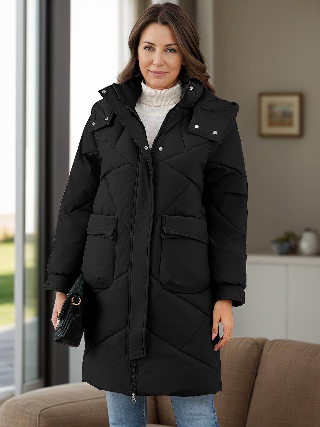 Long Sleeve Longline Hooded Winter Coat with Pockets - Selvanelle