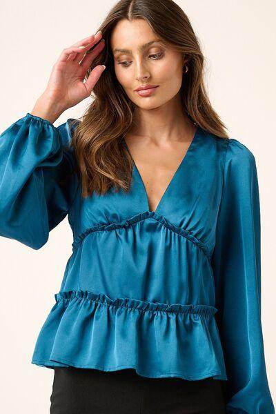 Mittoshop Satin V Neck Ruffled Tier Blouse for Women - Selvanelle