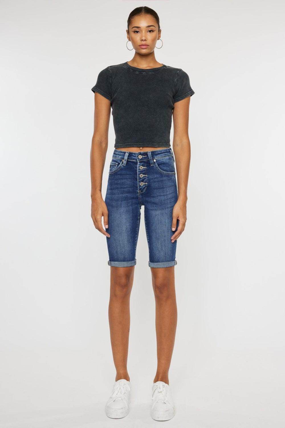 Kancan Full Size Cat's Whiskers Button Fly Denim Shorts - Selvanelle