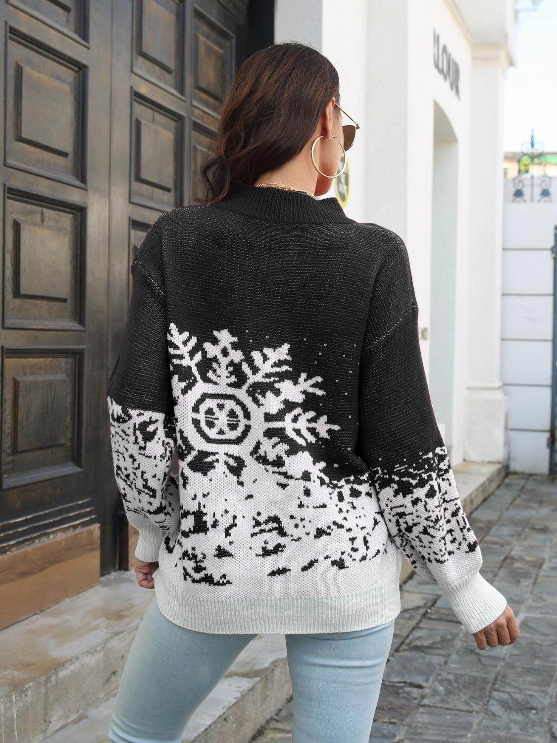 Snowflake Pattern Mock Neck Sweater for Cozy Winter Style - Selvanelle