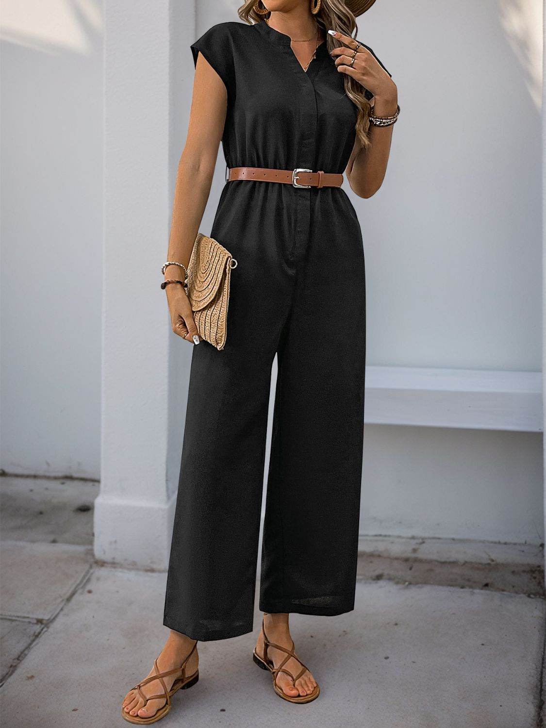 Perfee Notched Wide Leg Jumpsuit - Selvanelle