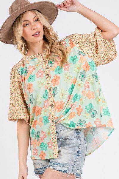 SAGE+FIG Button Down Bubble Sleeves Shirt for Women - Selvanelle