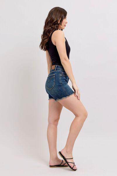 Judy Blue Tummy Control Fray Hem Denim Shorts for Women - Selvanelle