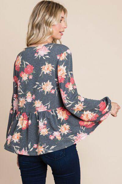 Super Lady Full Size Babydoll Floral Long Sleeve Blouse - Selvanelle