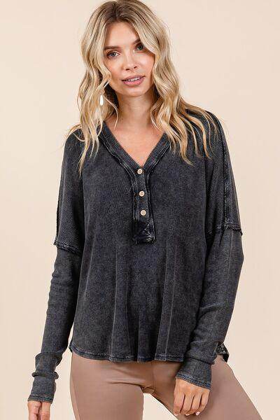 Mittoshop Washed V-Neck Long Sleeve Blouse for Women - Selvanelle