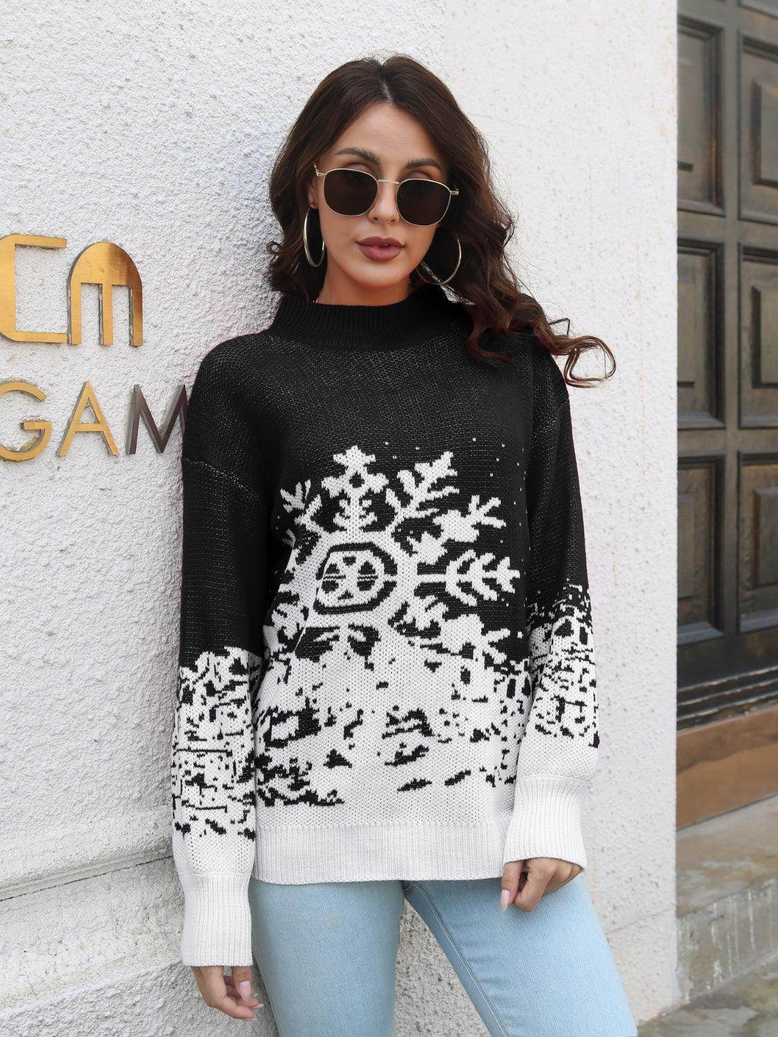 Snowflake Pattern Mock Neck Sweater for Cozy Winter Style - Selvanelle