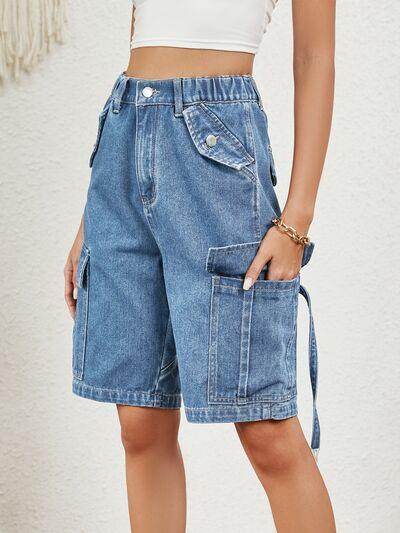 Buttoned Elastic Waist Denim Shorts with Pockets for Women - Selvanelle