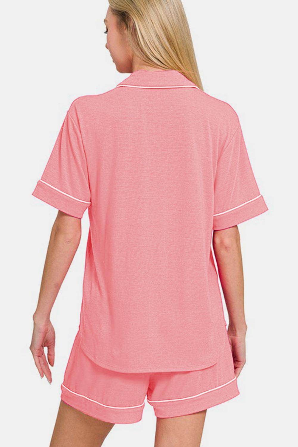 Zenana Button Down Short Sleeve Top and Shorts Lounge Set - Selvanelle