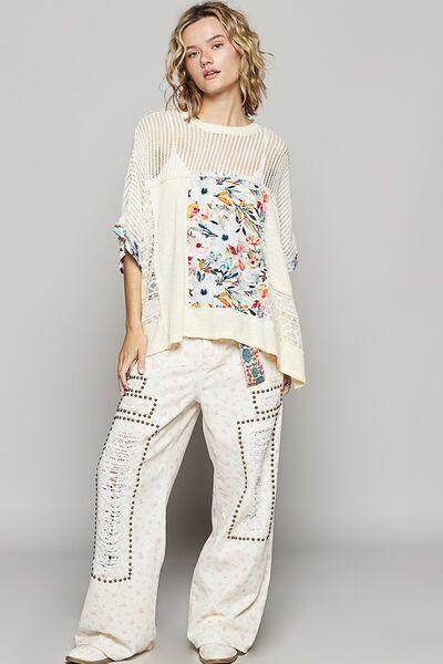 POL Hollow Out Floral Half Sleeve Knit Top for Women - Selvanelle