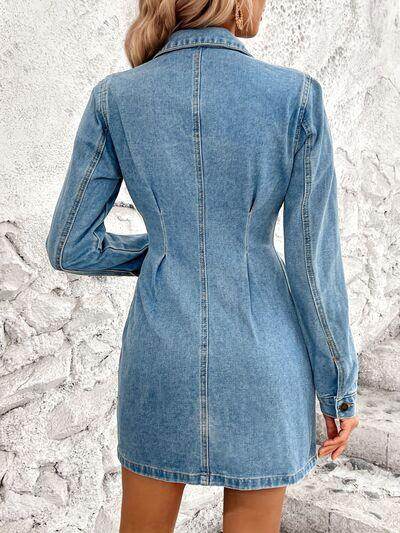 Pocketed Button Up Long Sleeve Denim Dress for Women - Selvanelle