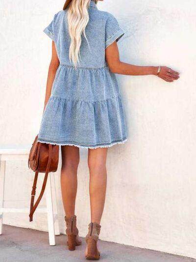 Raw Hem Short Sleeve Denim Dress for Casual Style - Selvanelle
