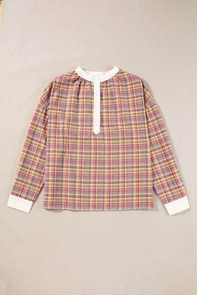 Multi-Color Plaid Round Neck Long Sleeve Blouse for Women - Selvanelle
