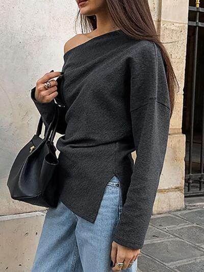 Side Slit One Shoulder Long Sleeve Top for Women - Selvanelle
