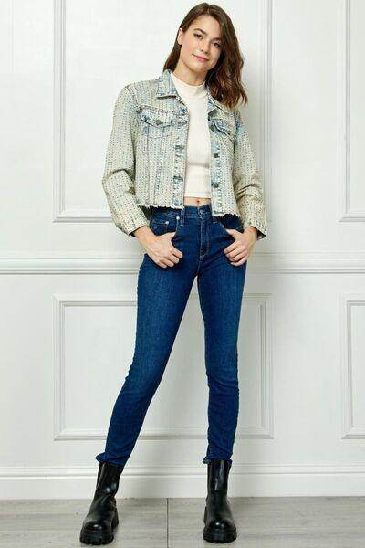 Veveret Multi Color Stripe Rhinestone Raw Hem Denim Jacket - Selvanelle