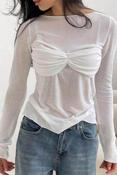 Ruched Round Neck Long Sleeve Blouse for Women Fashion - Selvanelle