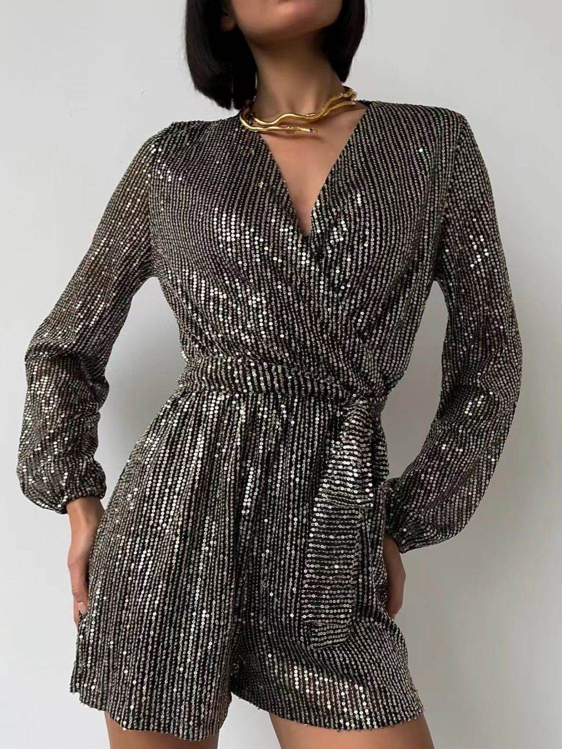 Full Size Sequin Surplice Tie Waist Long Sleeve Romper - Selvanelle