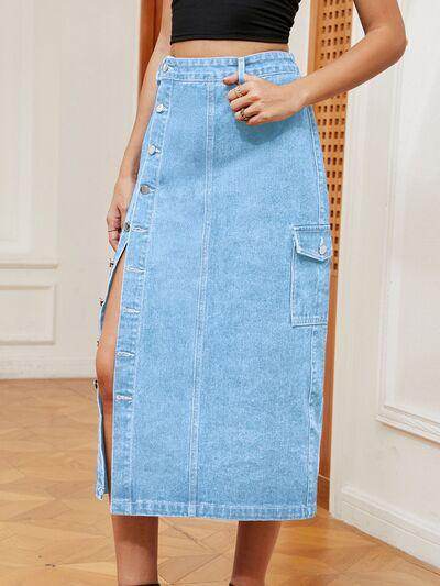 Button Down Midi Denim Skirt with Pockets and Button Detail - Selvanelle