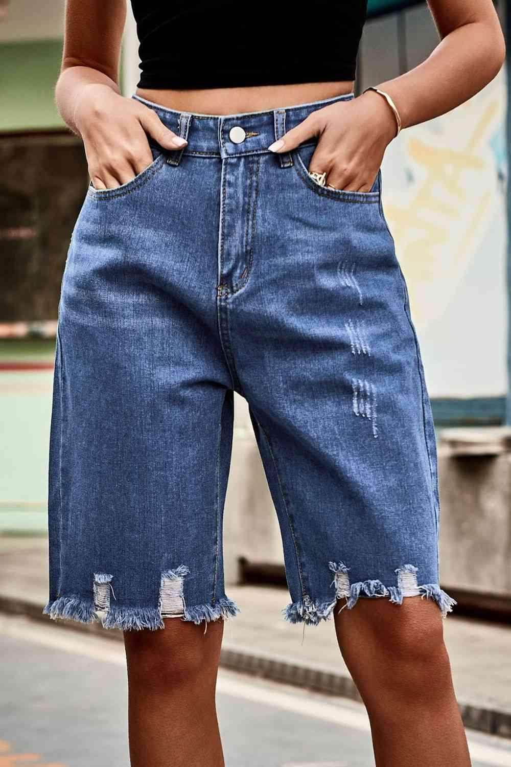 Raw Hem High Waist Denim Shorts with Pockets for Women - Selvanelle