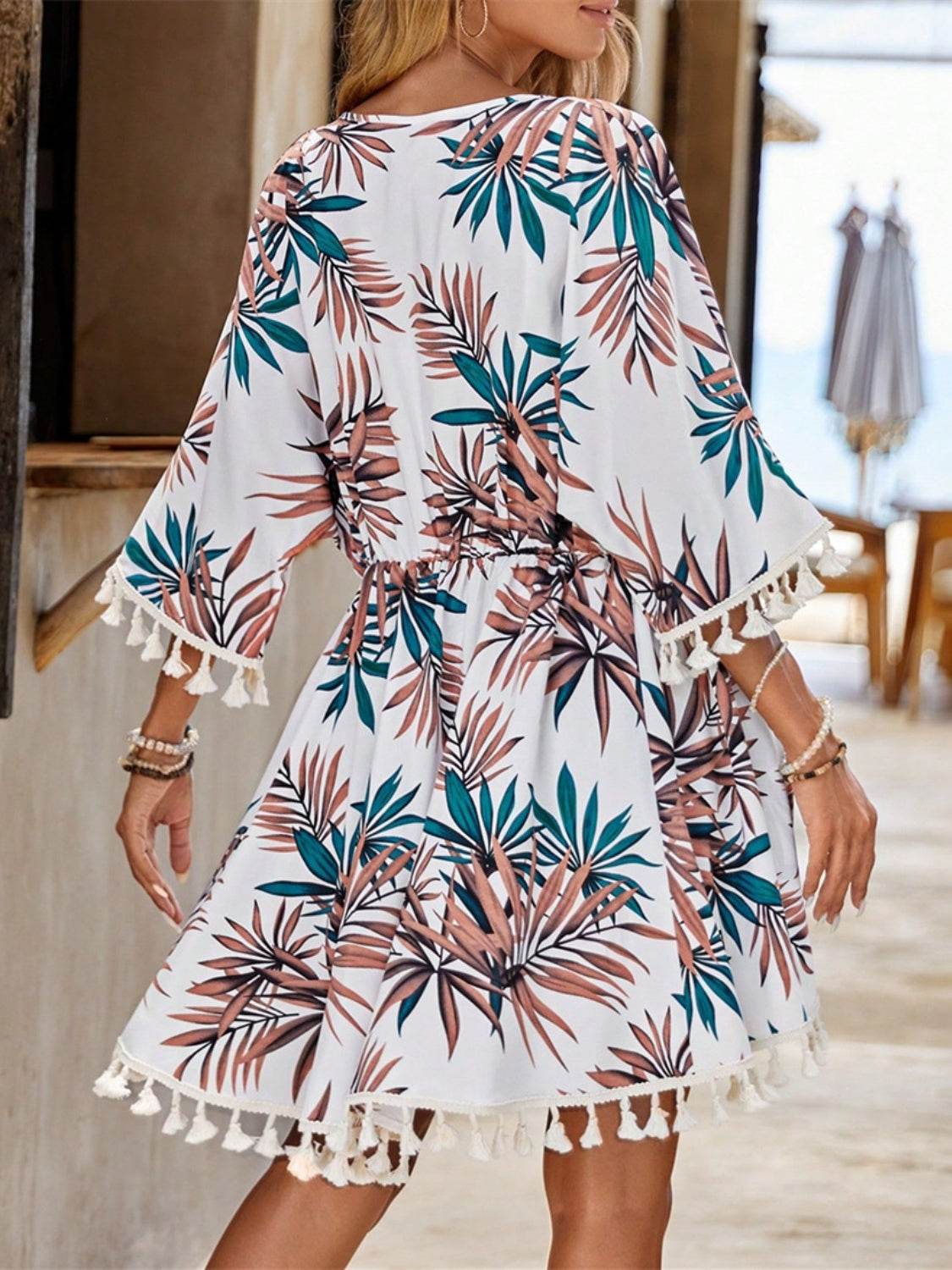 Tassel Tied Printed Half Sleeve Cover Up - Selvanelle