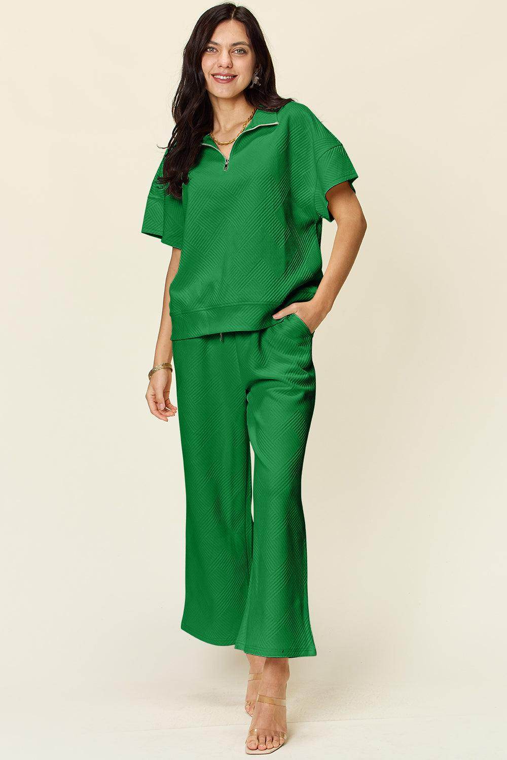 Double Take Full Size Texture Half Zip Short Sleeve Top Set - Selvanelle