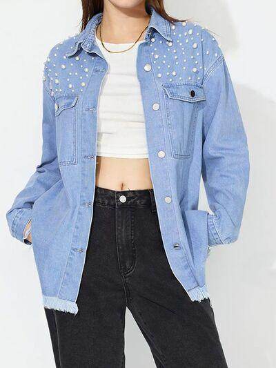 Raw Hem Pearl Trim Collared Neck Denim Top for Women - Selvanelle
