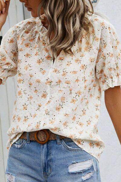 Frill Printed Notched Short Sleeve Blouse for Women - Selvanelle