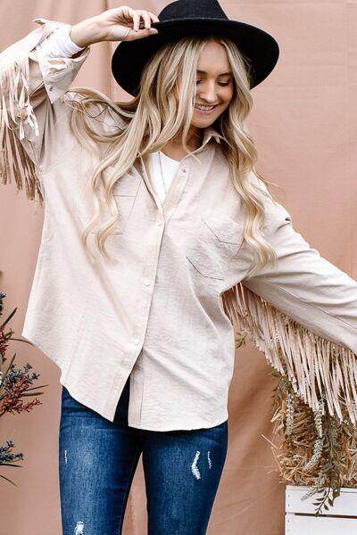 And The Why Full Size Fringe Back Detailed Button Down Shacket - Selvanelle