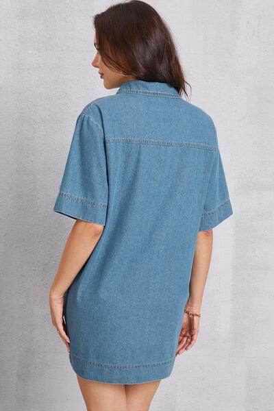 Stylish Pocketed Collared Neck Mini Denim Dress for Women - Selvanelle