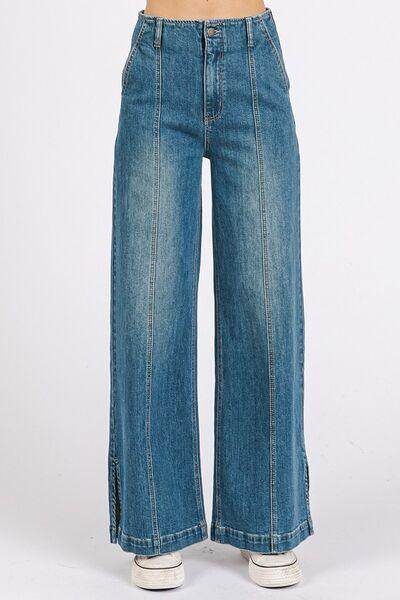 Mittoshop Medium Wash Seam Detail Wide Leg Denim Jeans - Selvanelle