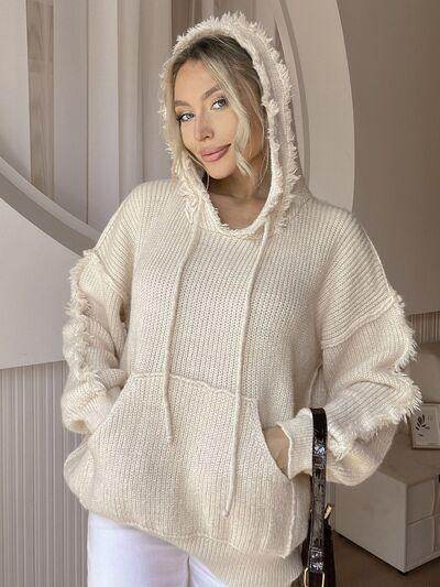 Drawstring Fringe Hem Long Sleeve Hooded Sweater for Women - Selvanelle