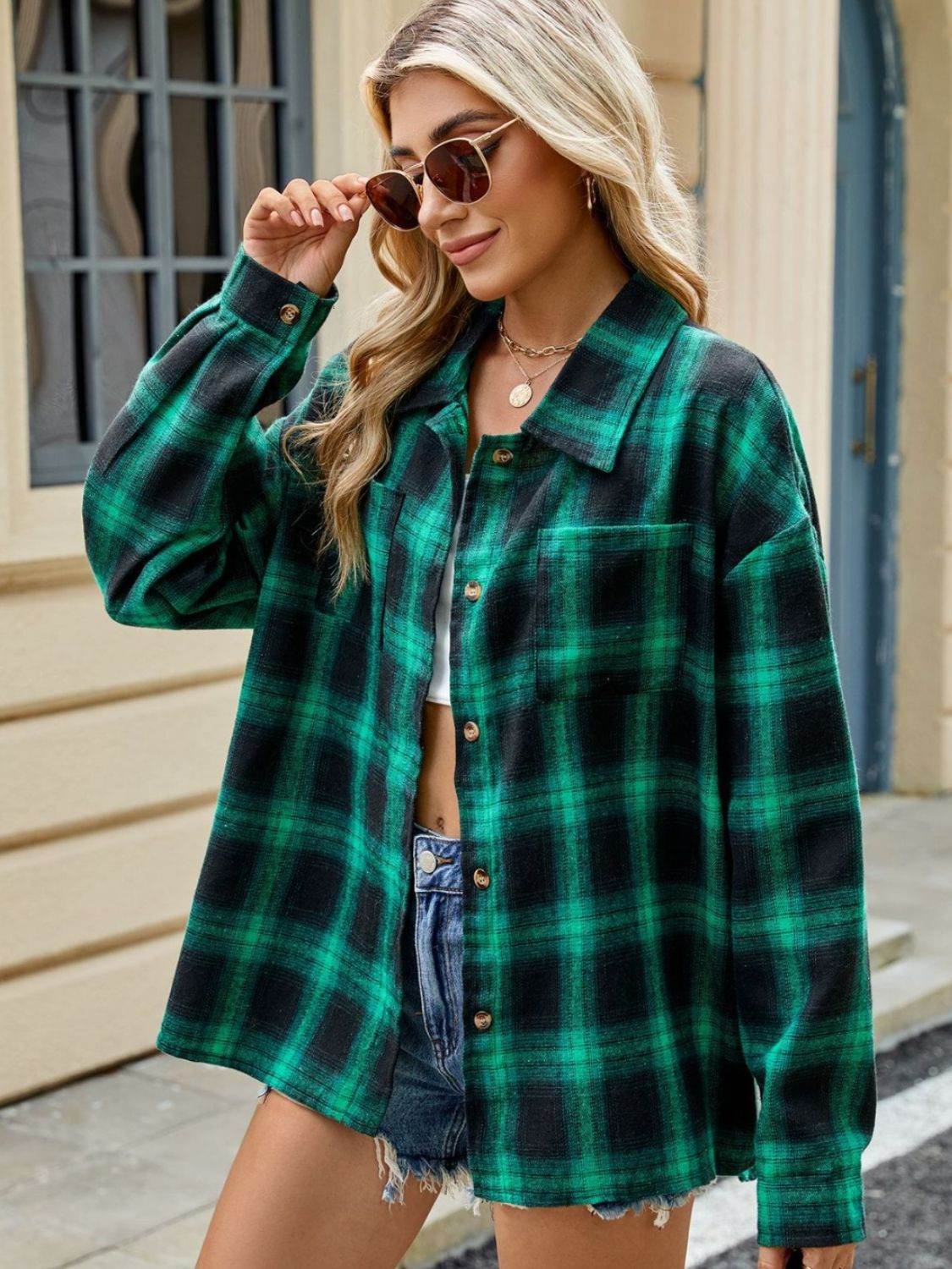 Plaid Collared Neck Long Sleeve Shirt - Selvanelle