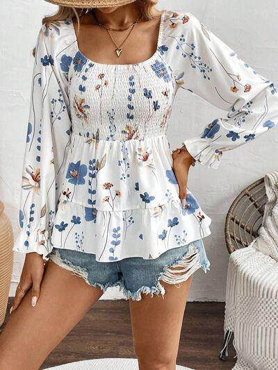 Smocked Floral Scoop Neck Flounce Sleeve Blouse for Women - Selvanelle