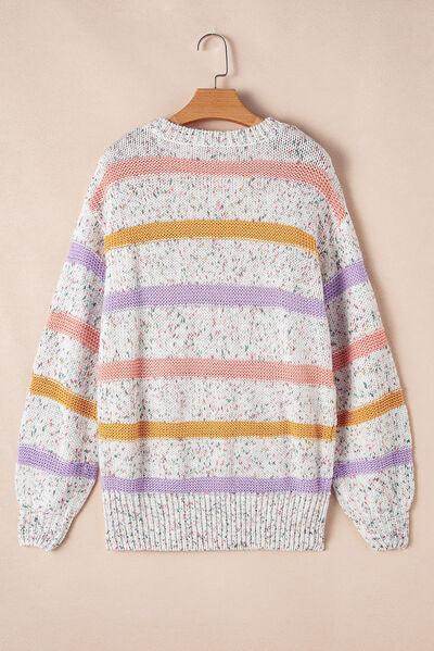 Contrast Striped Round Neck Dropped Shoulder Sweater Women - Selvanelle