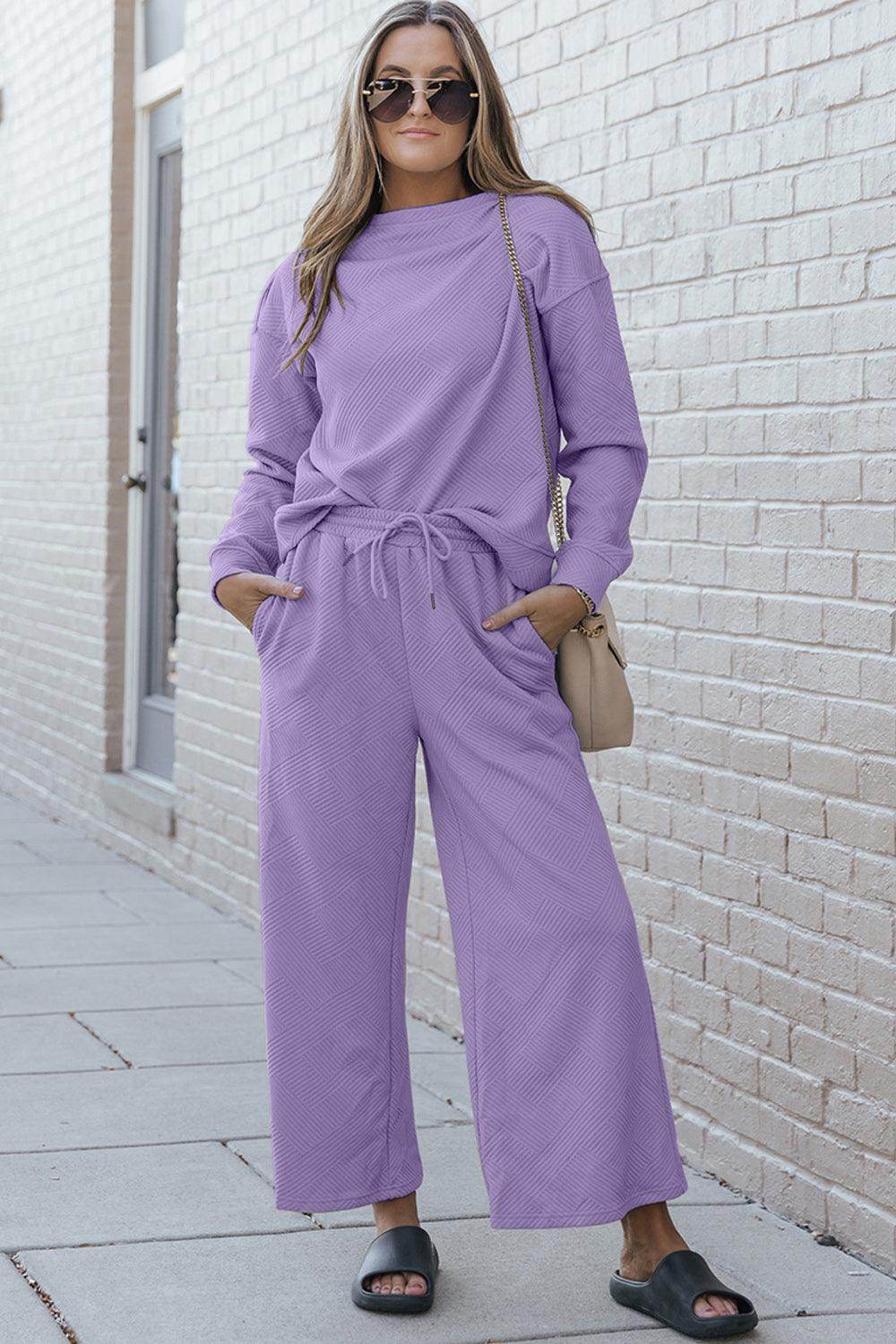 Double Take Full Size Textured Long Sleeve Top and Drawstring Pants Set for Women - Selvanelle