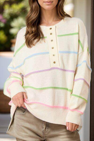 Contrast Striped Half Button Round Neck Sweater for Women - Selvanelle