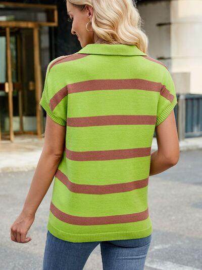 Striped Johnny Collar Cap Sleeve Sweater for Women - Selvanelle