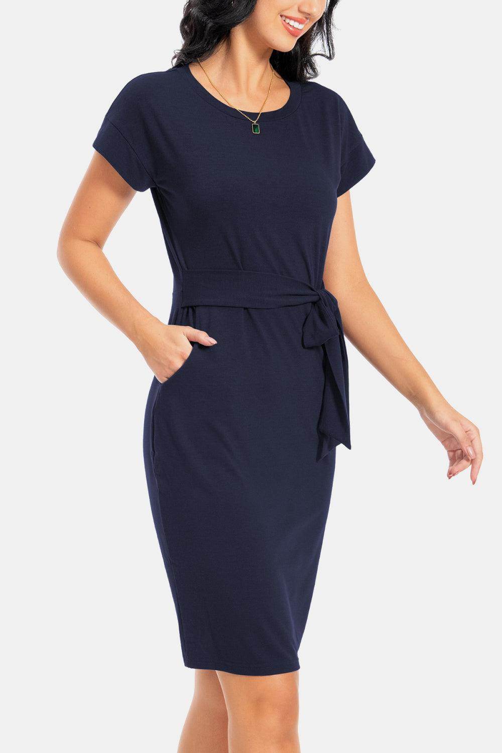 Tie Front Round Neck Short Sleeve Dress for Women - Selvanelle