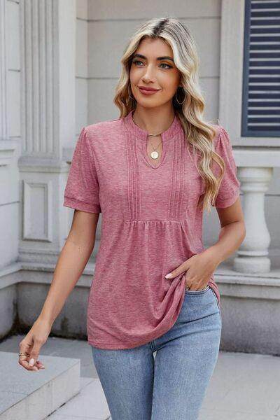 Notched Short Sleeve Solid Color Top for Everyday Style - Selvanelle