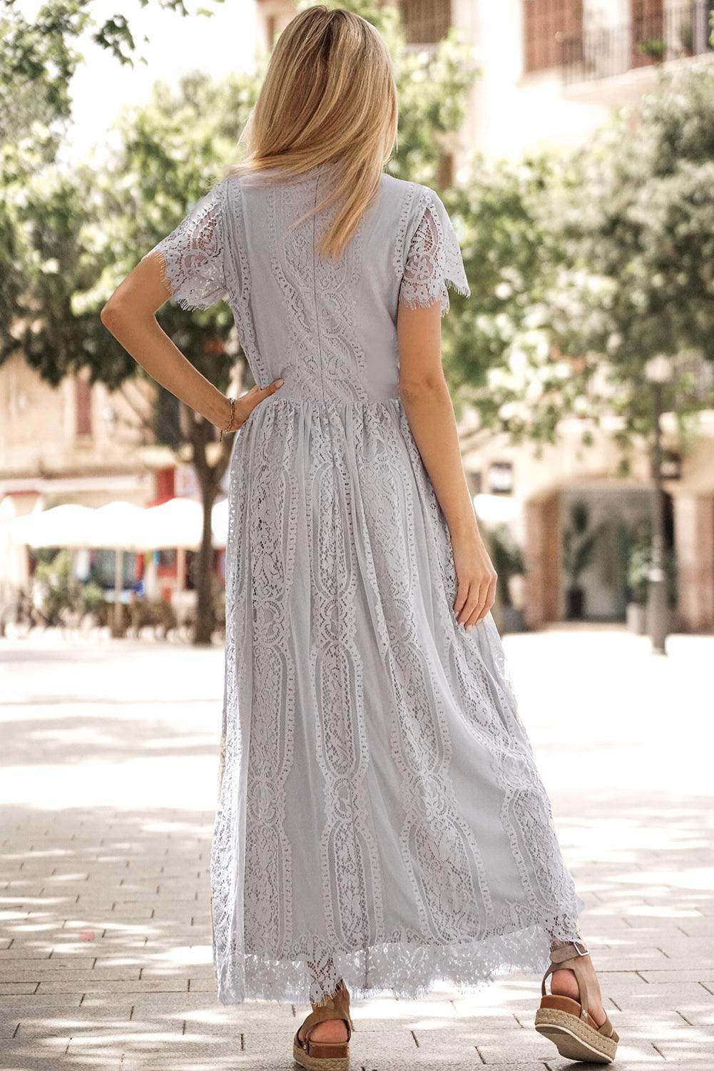 Scalloped Trim Lace Plunge Dress for Elegant Occasions - Selvanelle