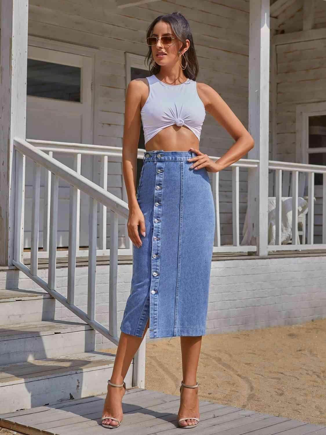 Button Down Denim Skirt for Women in Various Sizes - Selvanelle