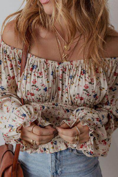 Ruched Printed Scoop Neck Long Sleeve Blouse for Women - Selvanelle