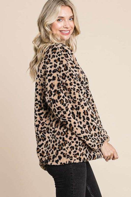 Culture Code Leopard Faux Fur Round Neck Top for Women - Selvanelle