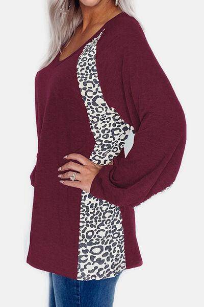 Full Size Leopard V-Neck Long Sleeve T-Shirt for Women - Selvanelle