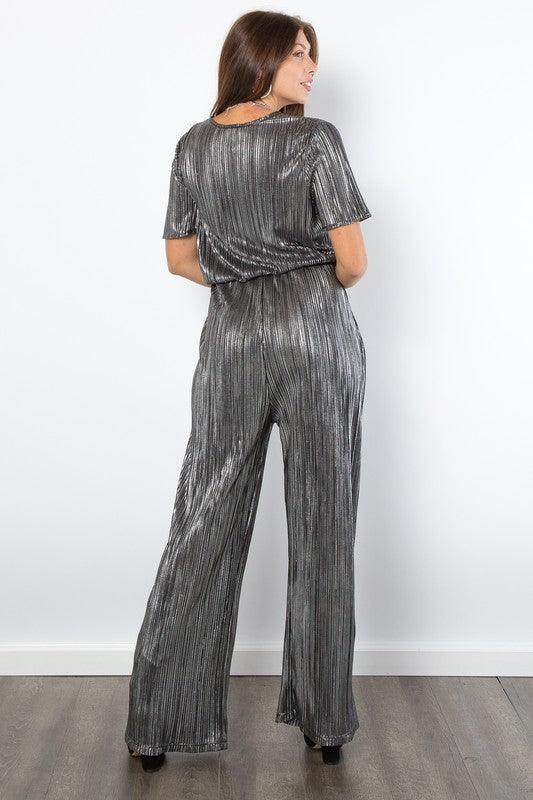 Be Stage Surplice Short Sleeve Pleated Foil Jumpsuit Stylish - Selvanelle