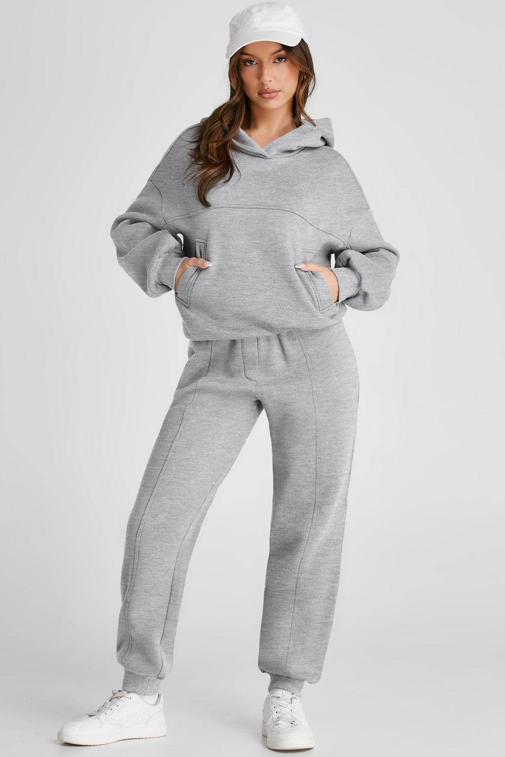 Dropped Shoulder Long Sleeve Hoodie and Pants Active Set - Selvanelle